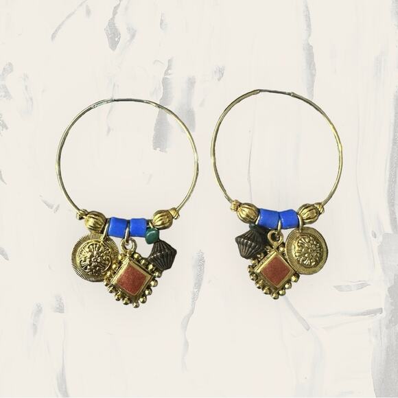 Boho Dangle Hoop Earrings‎ Bronze Gold Tone Rust Blue Charms Festival Jewelry - Picture 1 of 2